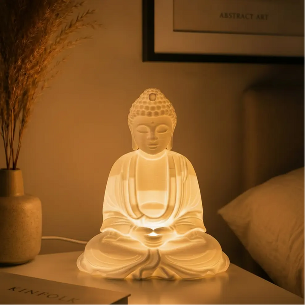 Decorative Buddha lamp on a table with a warm glow, next to a vase and book.
