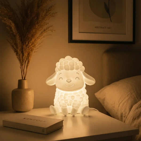 Sheep-shaped night light on a bedside table with a book and decorative vase.