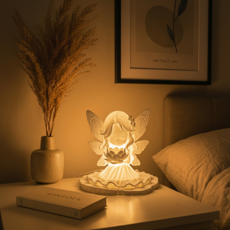 Fairy lamp on a bedside table with a book and vase in a warm, cozy room.