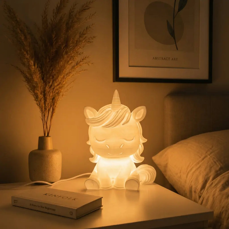 Unicorn night light on a bedside table with a book and decorative plant in a warm, dimly lit room.